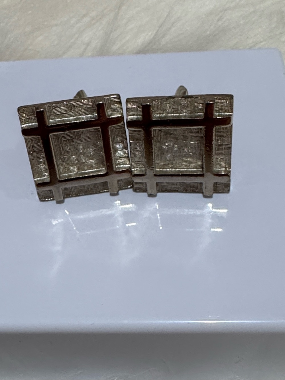 Square Silver Toned Grid Cufflinks